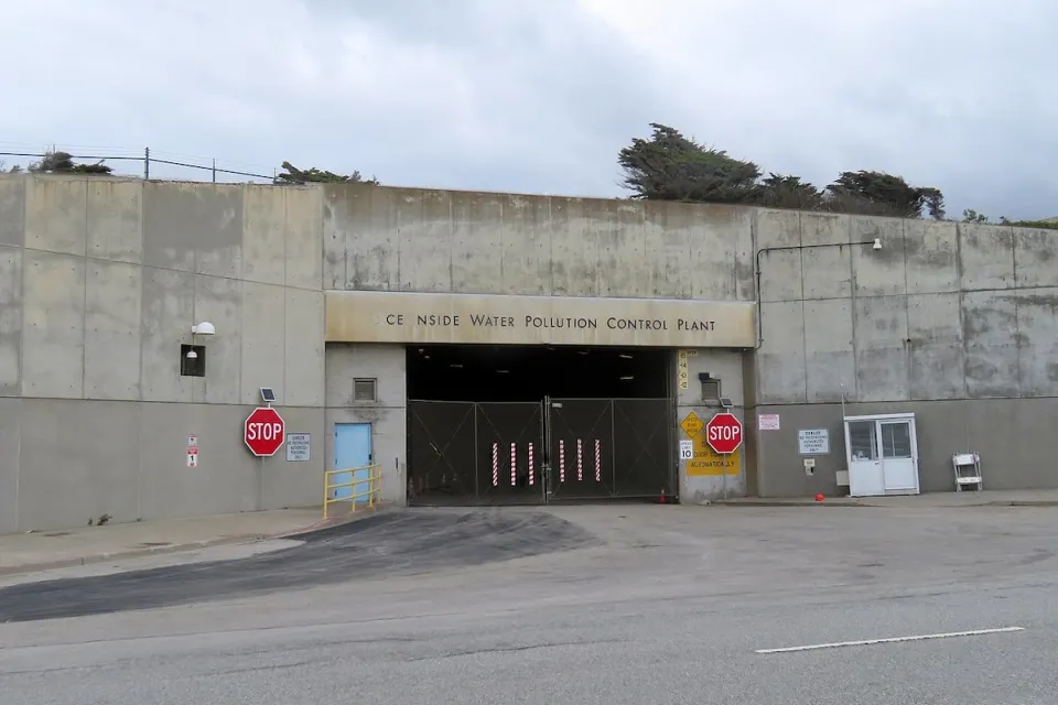 The west tunnel entrance to the Oceanside Water Pollution Control Plant in March 2020 with O and A letters missing in Oceanside.